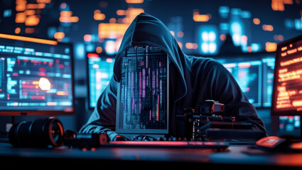 Hacker at Desk Surrounded by Technology and Cyber Information Display
