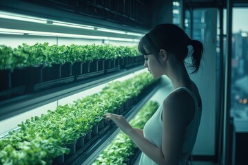 Woman inspecting lush green lettuce plants growing under LED lights in a vertical farm.