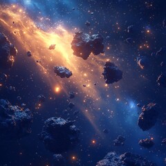 Obraz premium A dense field of asteroids with stars and a galaxy. Ideal for space exploration, astronomy, and sci-fi themes.