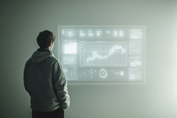 Obraz premium A person observes a futuristic holographic display showing various data graphs and charts.