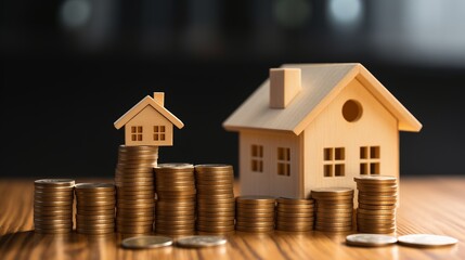 house model surrounded by stacks of coins with an upward trending graph in the background, representing real estate growth and a stock market.