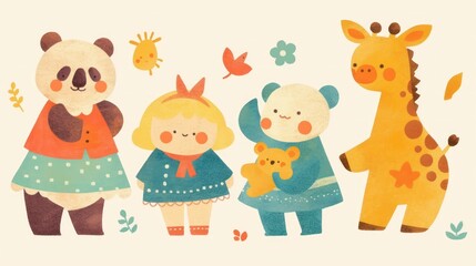 Fototapeta premium Adorable cartoon illustration of four stylized figures, including a panda, girl, bear and giraffe on a light background