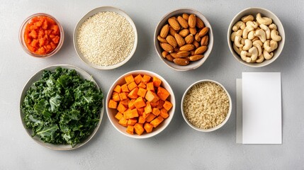 A colorful arrangement of healthy ingredients, including carrots, nuts, grains, and kale, set on a light background.