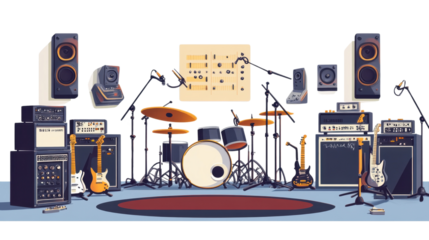 Audio studio with recording equipment and mixer in an office setting, featuring electronics and technology elements like a computer, laptop, and circuit details