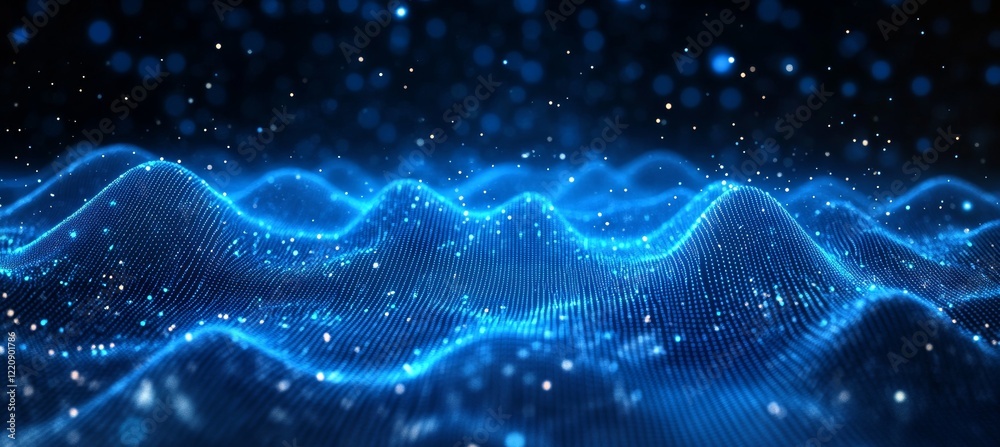 Poster Abstract blue cyberspace graph wave terrain. Wireless blockchain network transfer. Generative AI technology.