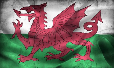 Vintage look Wales flag - realistic waving fabric flag
