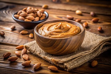 Creamy Homemade Almond Butter in Rustic Wooden Bowl with Jute Bag - Stock Photo