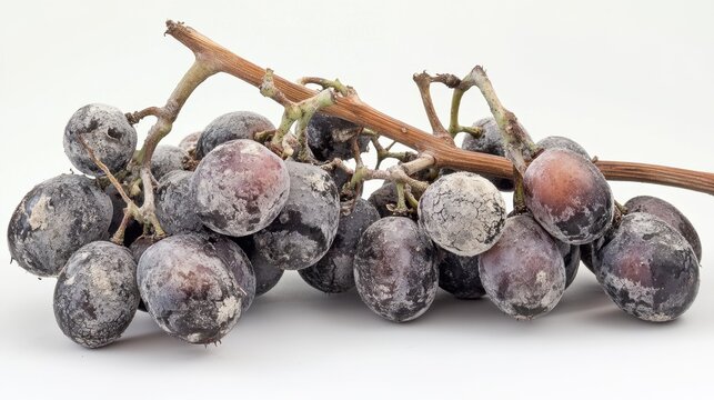 A moldy cluster of grapes with shriveled, blackened fruits and gray mold spreading across the stems, white background.