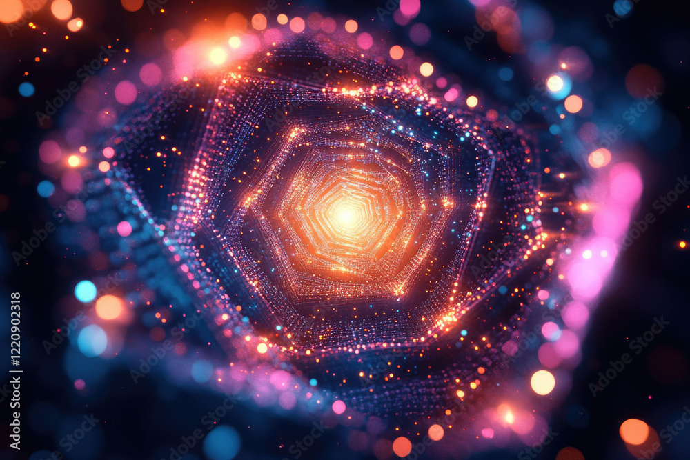 Aufkleber A mesmerizing hexagonal tunnel of vibrant lights and particles, creating a futuristic and abstract visual.