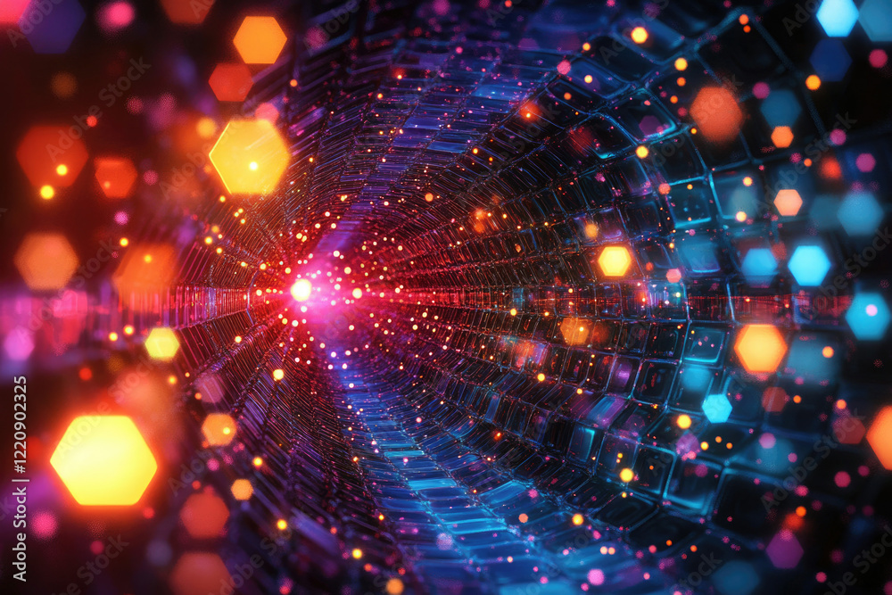 Poster Abstract digital tunnel with vibrant colors and glowing particles, creating a futuristic and energetic visual.