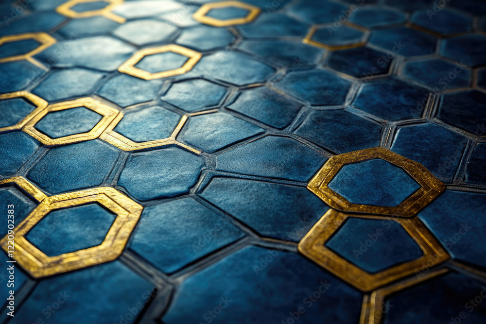 Poster dark blue hexagonal tiles with gold outlines create a luxurious, geometric pattern.