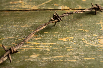 Rusty barbed wire on a wooden surface.The wooden military background is green.