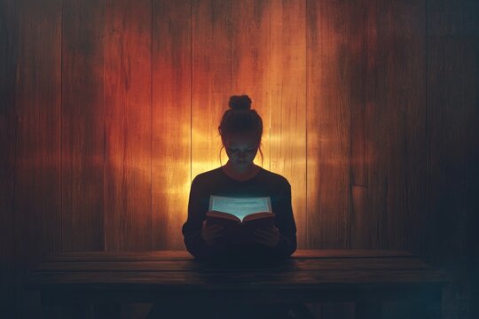 Silhouette of a young woman engrossed in reading a book with glowing pages against a rustic wooden backdrop.