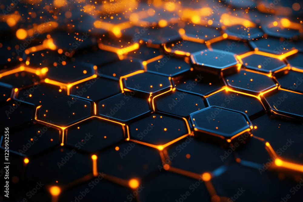 Poster Abstract honeycomb structure with glowing orange edges, creating a futuristic and technological aesthetic.