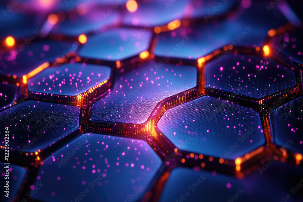 Poster abstract hexagonal grid with glowing orange and purple accents, representing digital data or futuris
