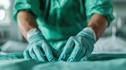 A dedicated healthcare worker carefully adjusting the sheets of a hospital bed, emphasizing the attention to detail and compassion involved in patient care and comfort.