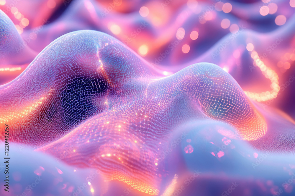 Aufkleber Abstract digital landscape with glowing pink and orange mesh, creating a wavy, flowing effect.