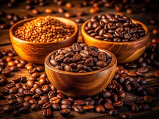 Fototapeta premium Night Photography: Three Aromatic Coffee Bean Varieties in Wooden Bowls