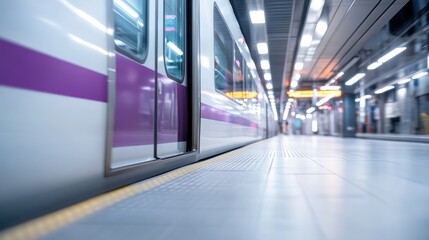 Obraz premium A subway train with a vibrant purple stripe, waiting at an urban station, showcasing the hustle and bustle of city life and convenient public transportation.