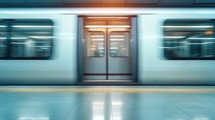 Obraz premium A subway train in motion, blurring past the platform, encapsulating the vibrant energy of city life and the swift efficiency of public transportation.