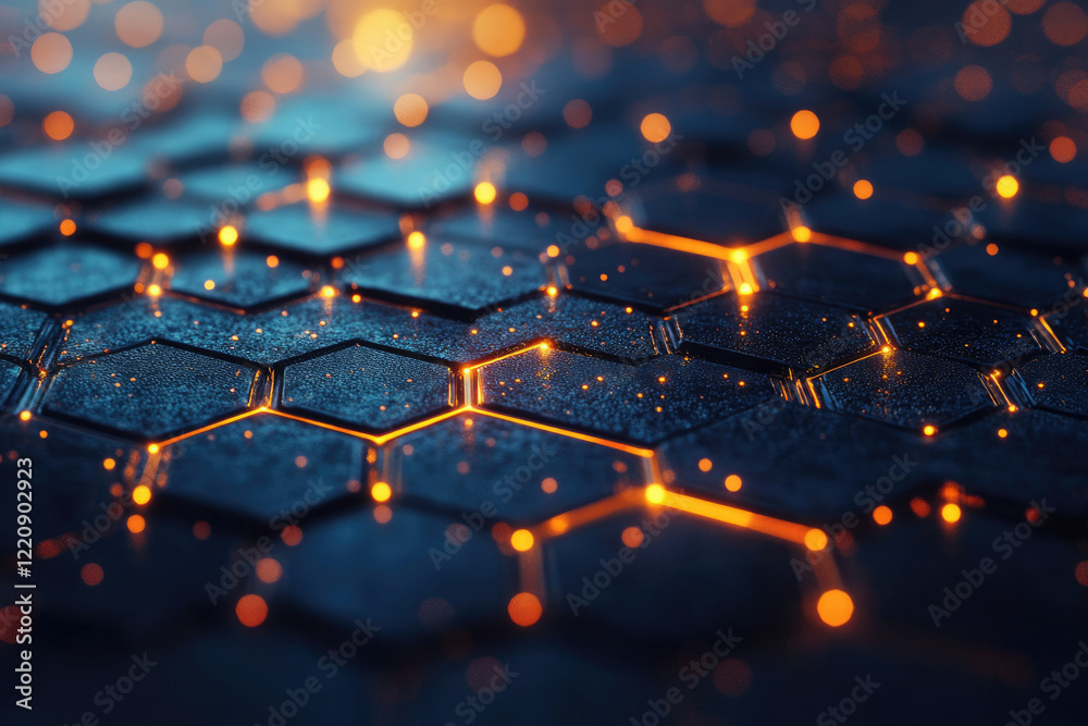 Poster Abstract hexagonal grid glowing with orange light, futuristic technology concept.