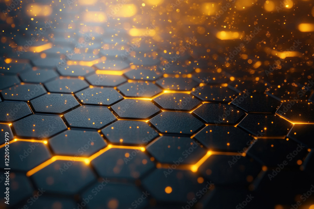 Aufkleber Abstract hexagonal pattern with glowing edges and golden particles, representing technology or futuristic design.