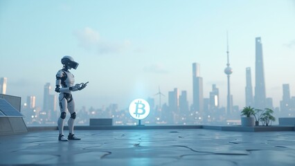 A sleek, modern skyscraper stands behind an AI-powered robot in a futuristic city scene.