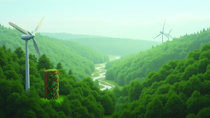 A peaceful scene of nature's harmony, blending greenery, technology, and conservation efforts.