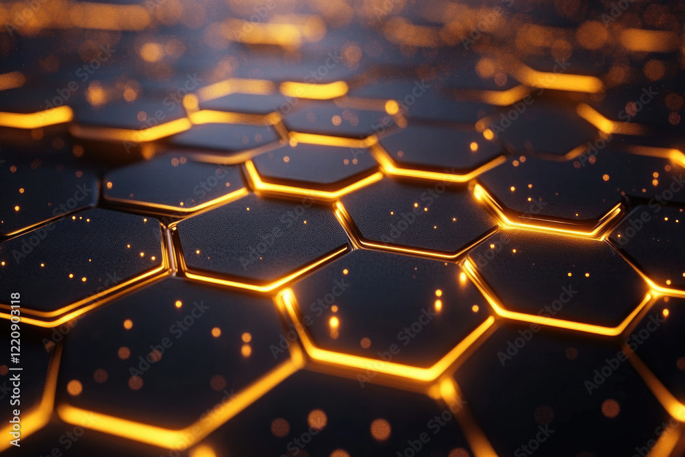 Poster Abstract hexagonal pattern with glowing orange lines, futuristic technology background.