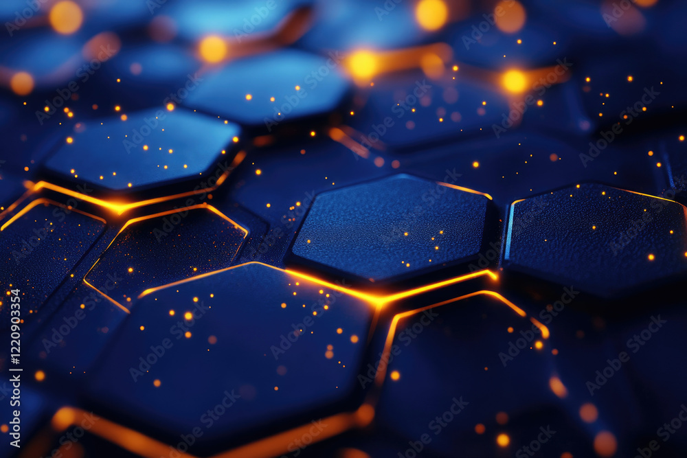 Poster Abstract hexagonal structure with glowing orange lines and blue background, depicting technology and connectivity.