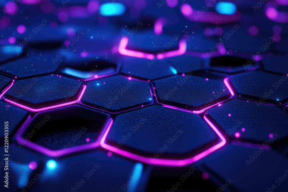 Poster Abstract hexagonal grid illuminated with vibrant purple and blue neon lights, creating a futuristic tech backdrop.