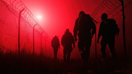 This haunting image captures silhouetted figures walking through a foggy landscape lit by red lights, evoking a sense of mystery and urgency in a tense atmosphere.