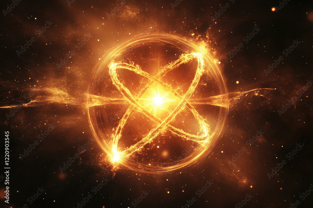 Poster fiery cosmic entity, radiating energy in a dark space, resembling an atom's structure.