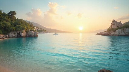 Fototapeta premium A tranquil bay with crystal-clear waters is surrounded by lush greenery and ancient ruins, while a sailing boat glides smoothly through the calm sea.