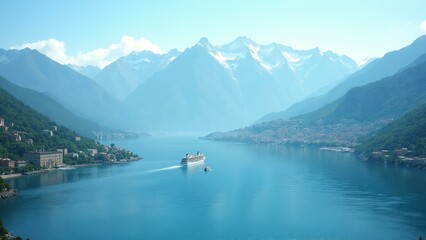 A majestic mountain range unfolds in the background, with a serene lake reflecting its grandeur, as a vibrant cityscape shines brightly on the shore, while a cruise ship glides through the calm waters
