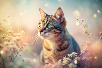 Curious Cat Double Exposure:  A feline sniffing the air, ethereal floral overlay.