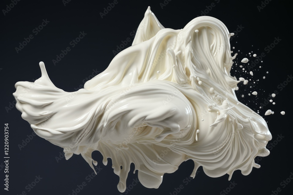 Poster dynamic splash of white cream with drops on a dark background, creating a visually appealing abstrac