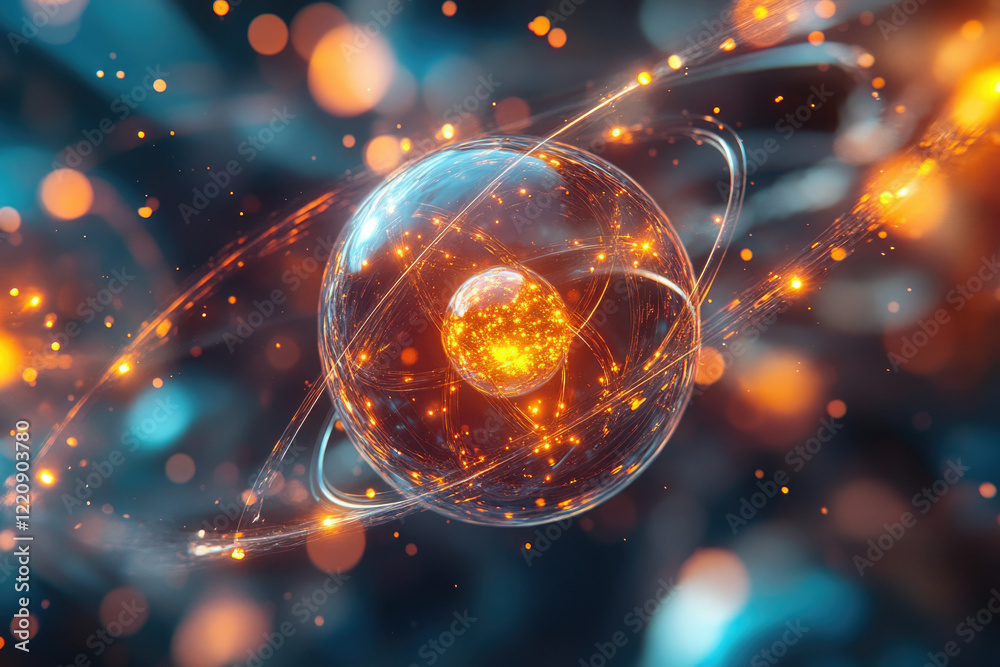 Aufkleber abstract depiction of an atom, glowing with vibrant energy and intricate orbital pathways.