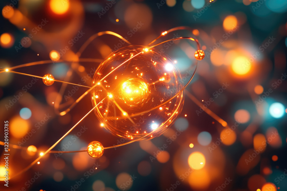 Aufkleber Abstract 3D rendering of an atom with glowing electrons orbiting a bright nucleus.