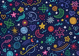 Fototapeta premium Night Sky Doodle Pattern: Fun Kids Scribble Background for Trendy Designs
