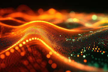 Abstract digital landscape with glowing orange and green particles forming undulating waves.