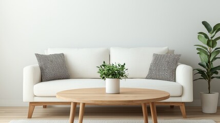 A cozy, modern living room featuring a white sofa, decorative pillows, a wooden coffee table, and green plants against a light wall.