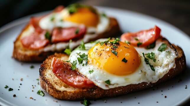 A vibrant plate of breakfast featuring perfectly cooked eggs, crispy bacon, and fresh herbs on toasted bread, emphasizing a delicious start to the day.