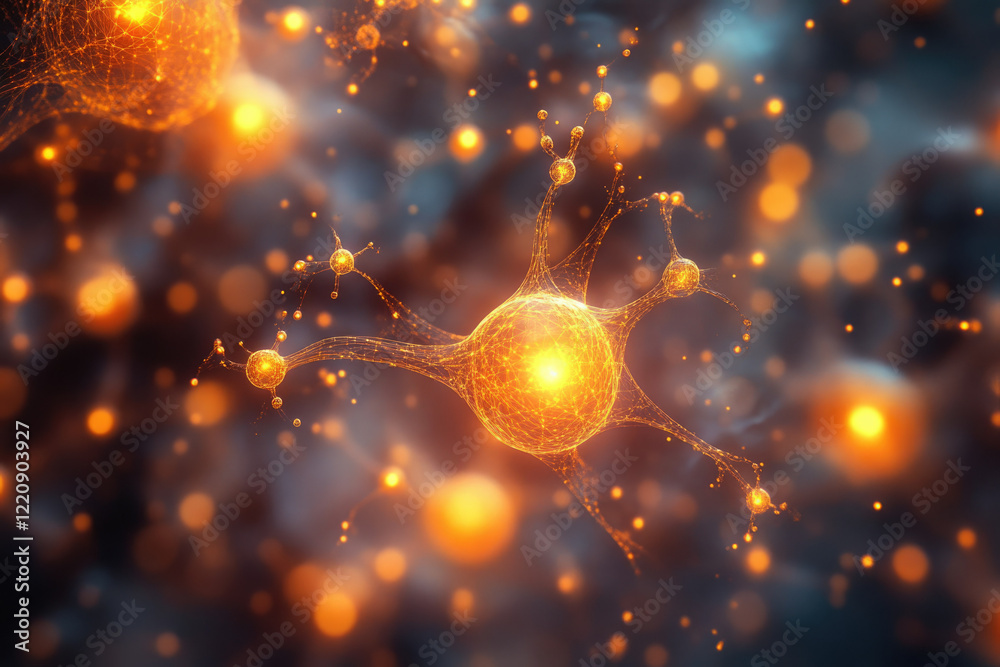 Aufkleber Abstract representation of a neuron with glowing connections, showcasing neural networks and brain activity.