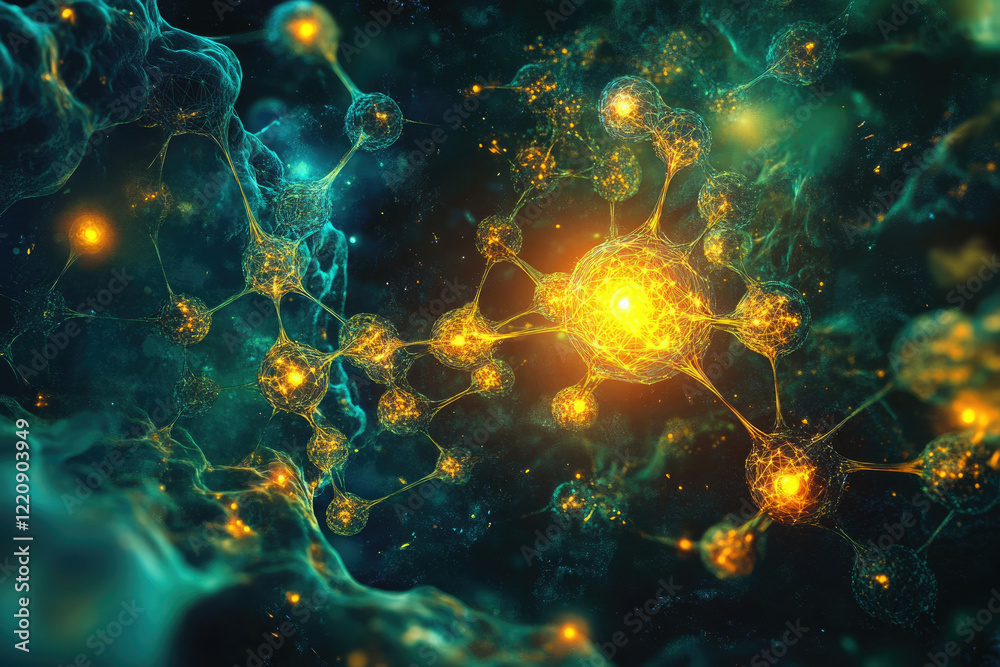 Poster Abstract representation of interconnected nodes, resembling a neural network or complex molecular structure.