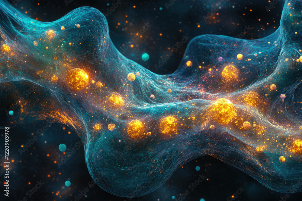 Poster abstract cosmic artwork depicting a celestial network with glowing orbs and nebulae, vibrant colors 