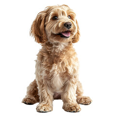 Angled view full body shot of an extremely perfect looking single Mini Labradoodle animal isolated on a white transparent background