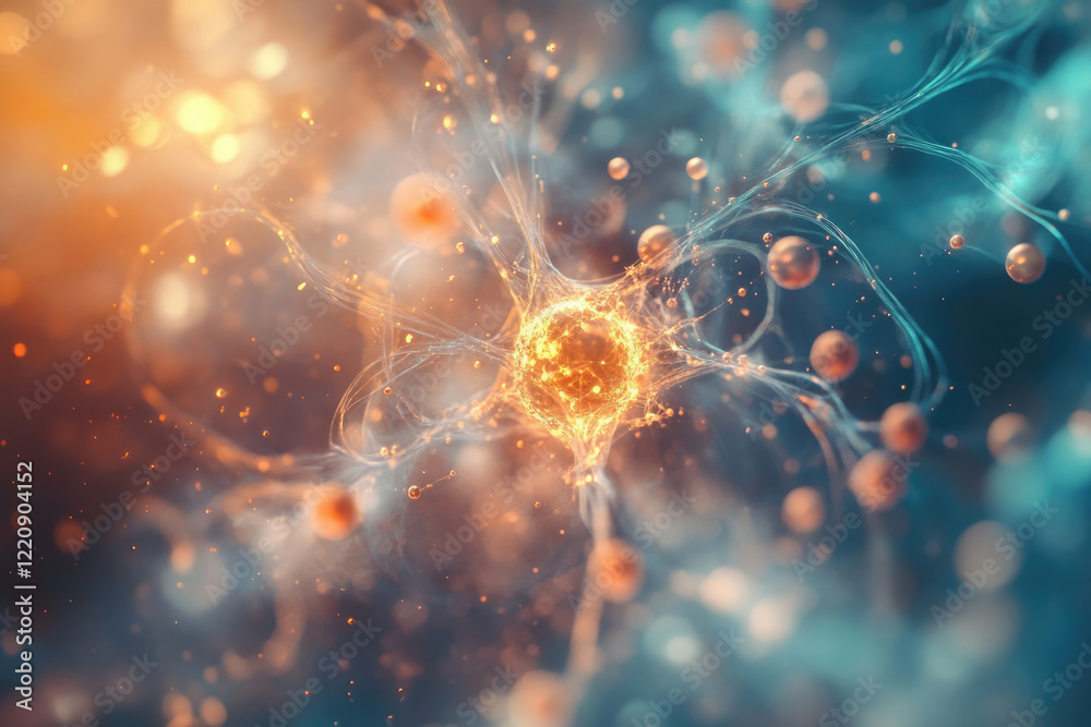 Poster Abstract representation of a neuron, its intricate network, and synaptic connections, glowing with vibrant energy.