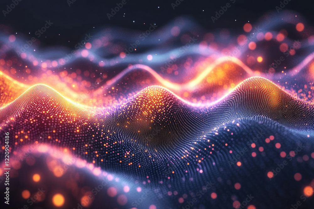 Poster abstract digital landscape with glowing particles forming undulating waves of orange and blue.