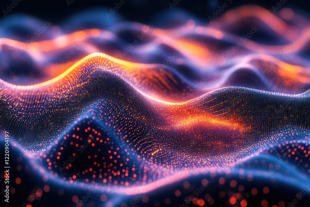 Aufkleber abstract digital landscape with glowing particles forming undulating waves of orange and blue.